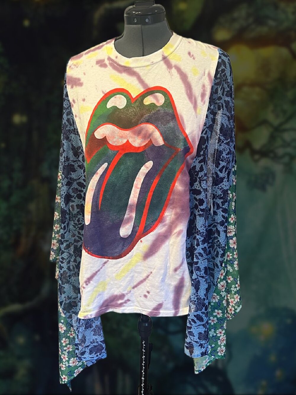 Rolling Stones Tongue Upcycled Festival Top | Patchwork Mesh-Sleeve Poncho